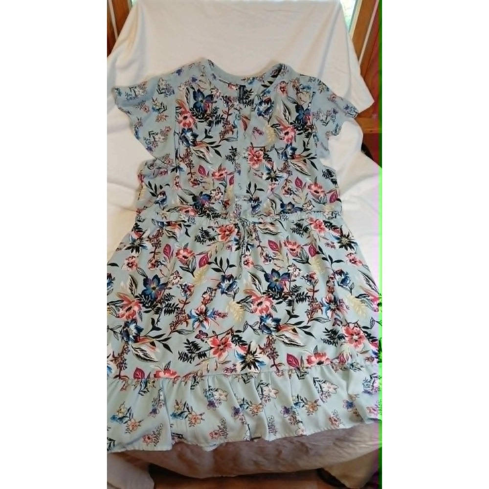 Massini Floral Flutter Sleeve Drawstring Waist Ruffle Hem Dress Blue 3X
